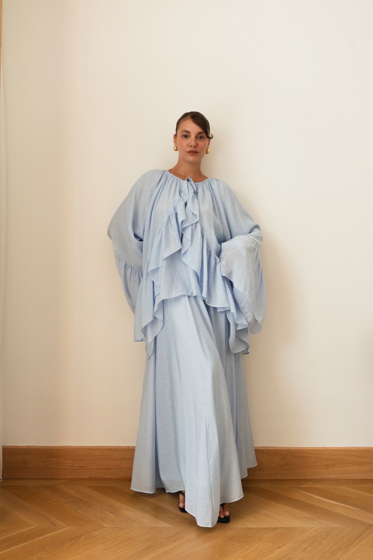 Bebe Mavi Oversize İspanyol Kol Bluz Etek Takım