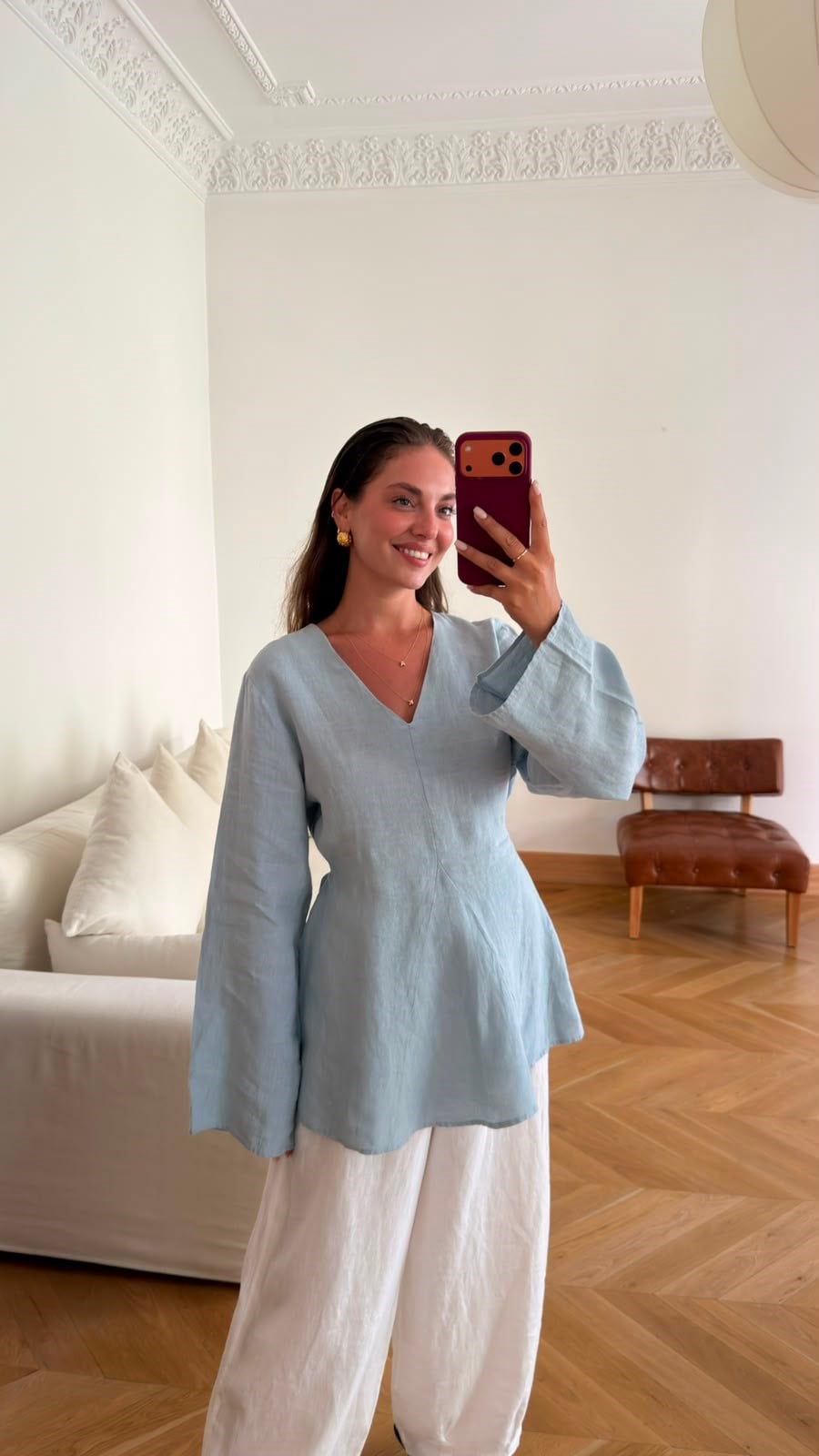 Bebe Mavi V Yaka Belden Bağlamalı Keten Bluz