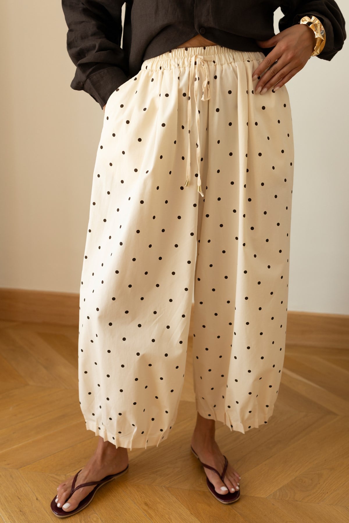 Bej Beli Lastikli Puantiyeli Slouchy Pantolon