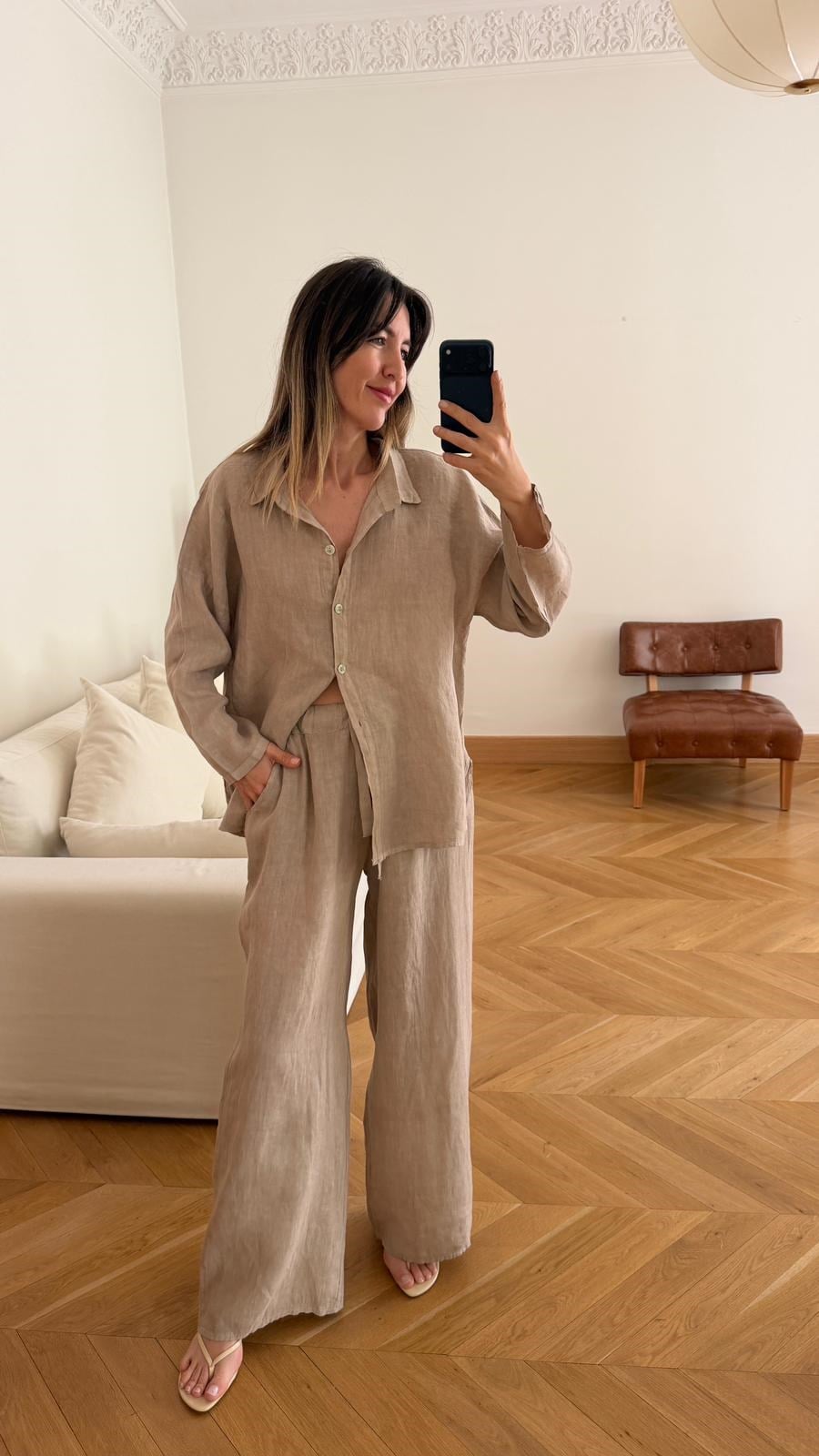 Bej Oversize Gömlek Pantolon %100 Keten Takım