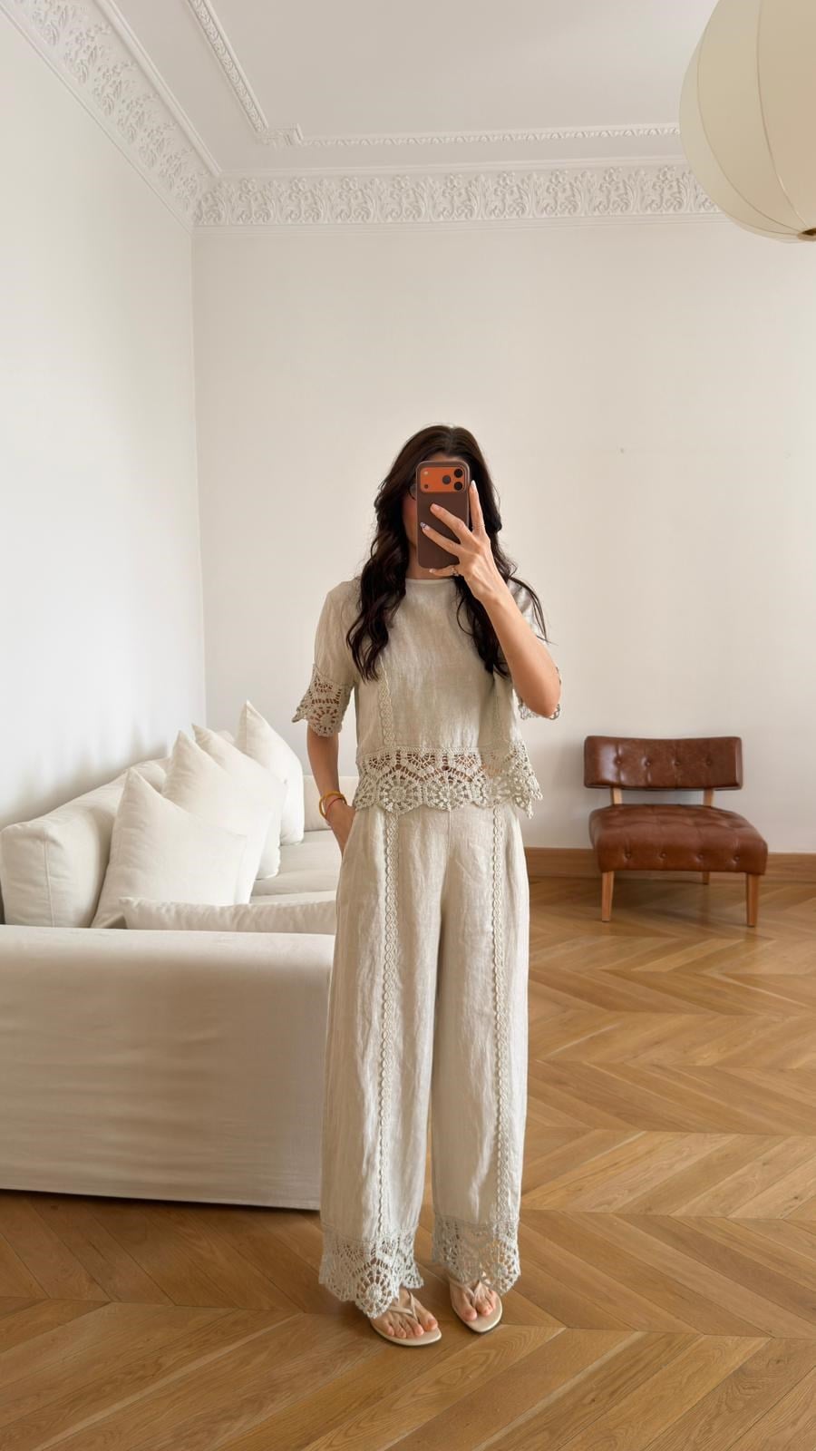Bej Oya Detaylı Bluz Pantolon Keten Takım
