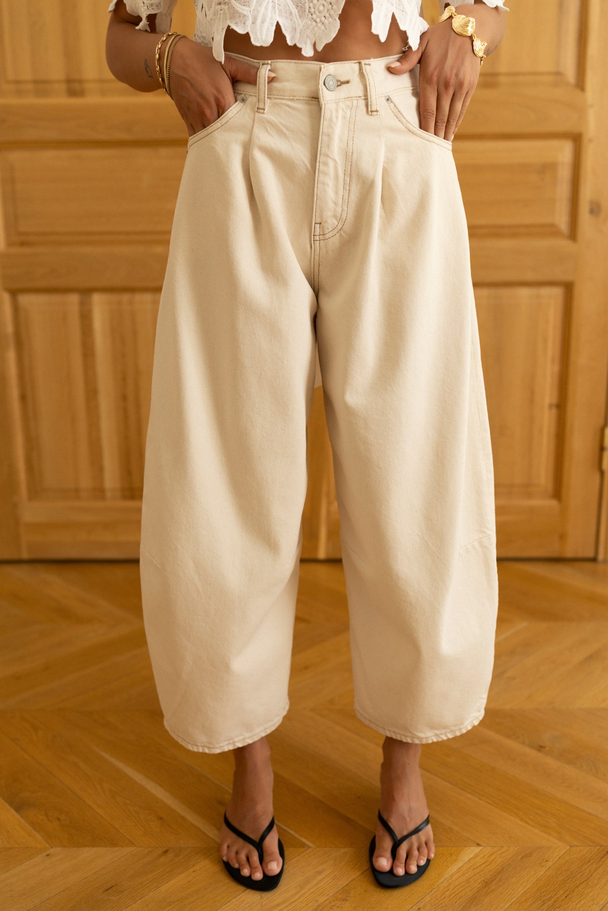 Bej Yüksek Bel Slouchy Jean Pantolon