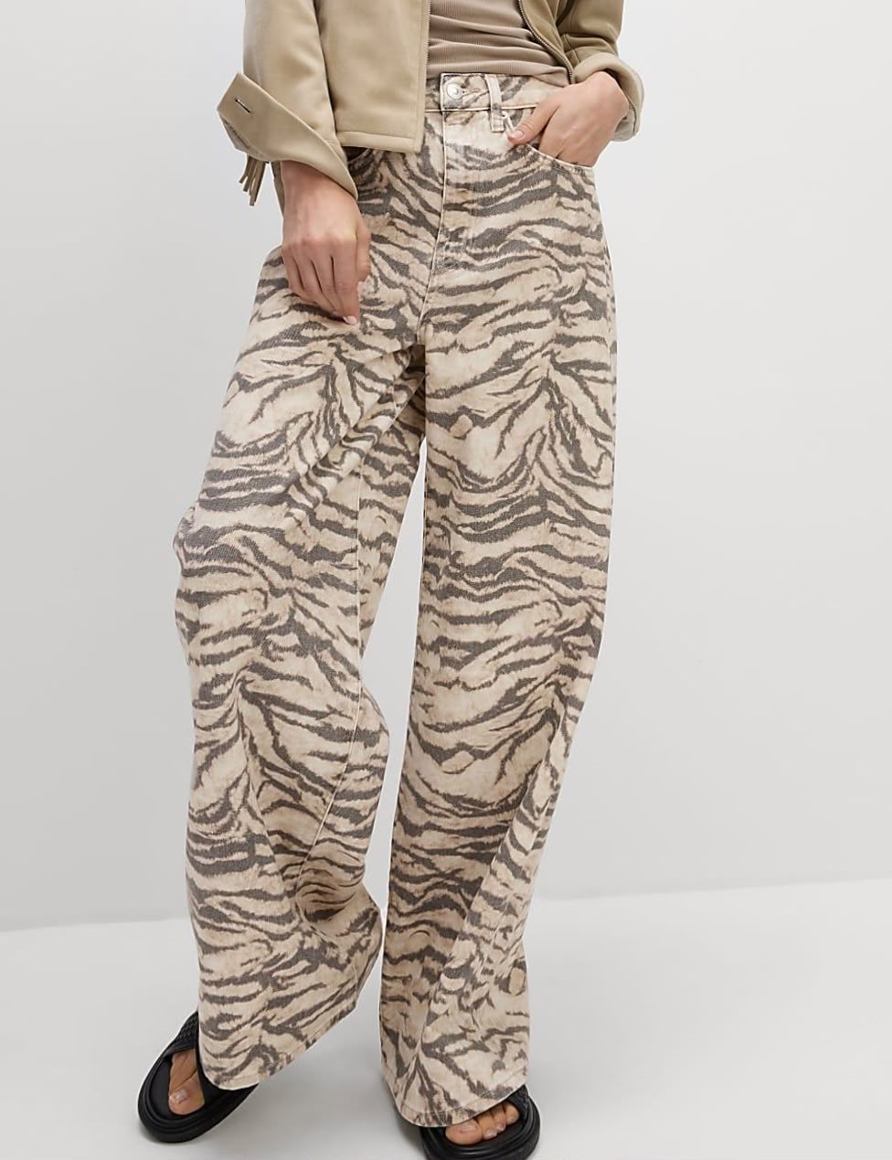 Bej Yüksek Bel Zebra Desenli Palazzo Jean Pantolon