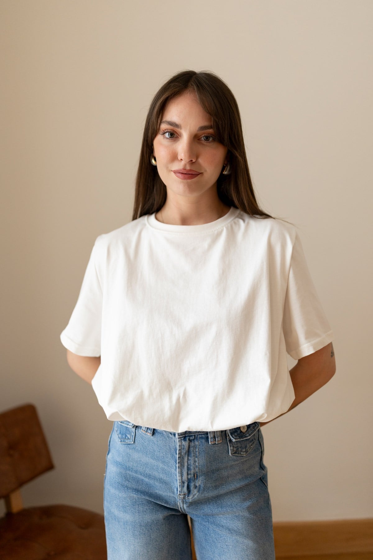 Beyaz Beli Lastikli Crop T-Shirt