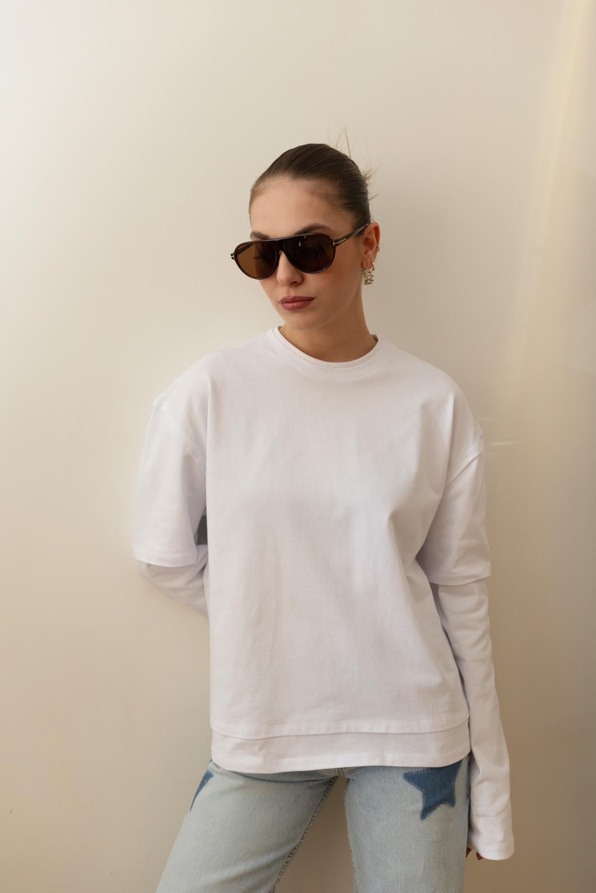 Beyaz Çift Manşetli Uzun Kol T-Shirt