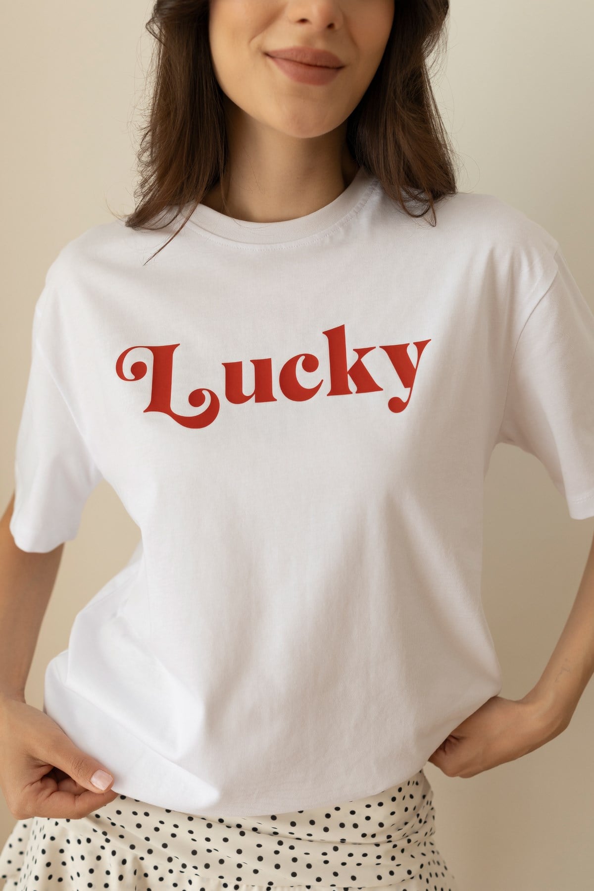 Beyaz Lucky Yazı Baskılı T-Shirt