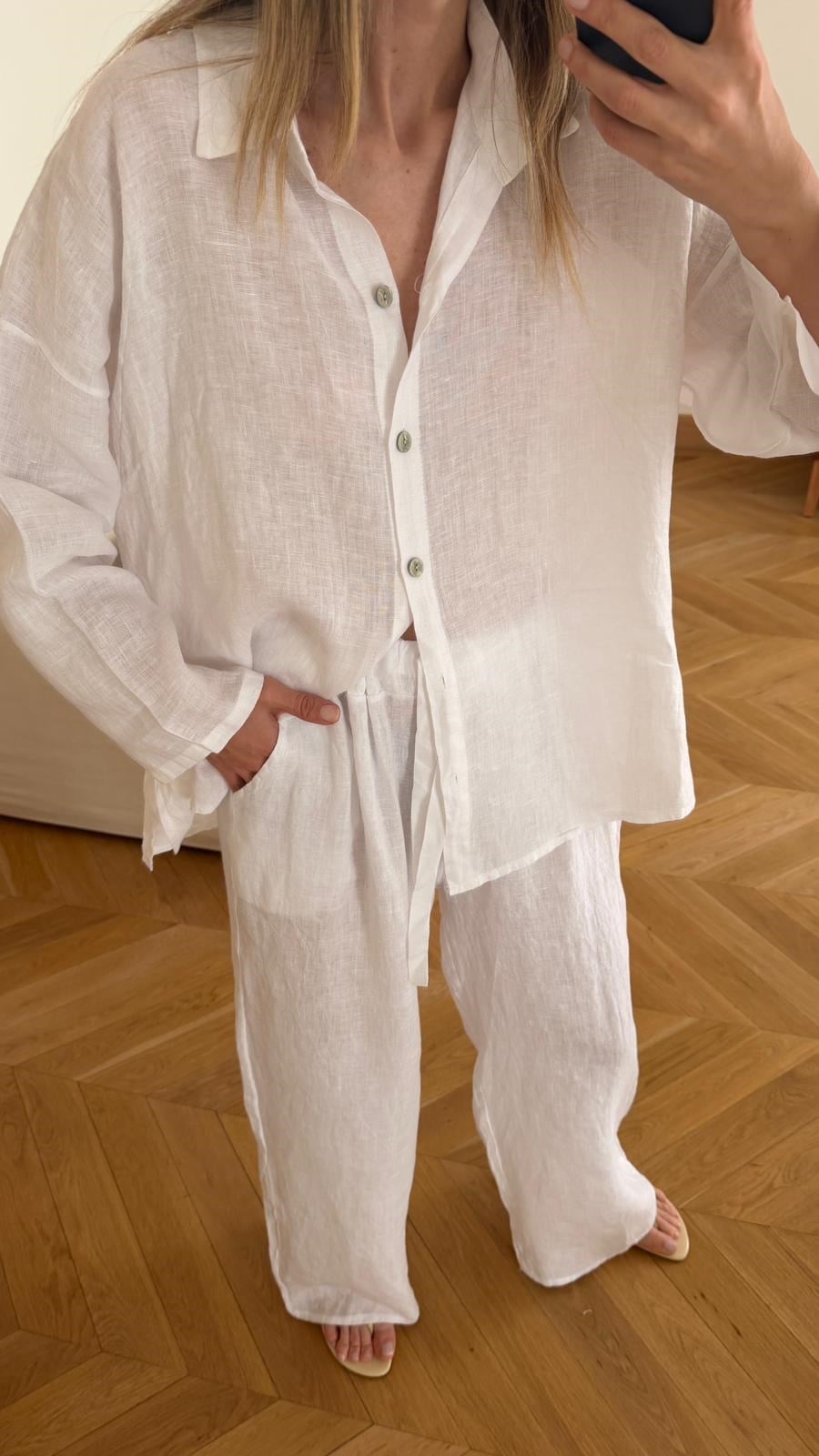 Beyaz Oversize Gömlek Pantolon %100 Keten Takım