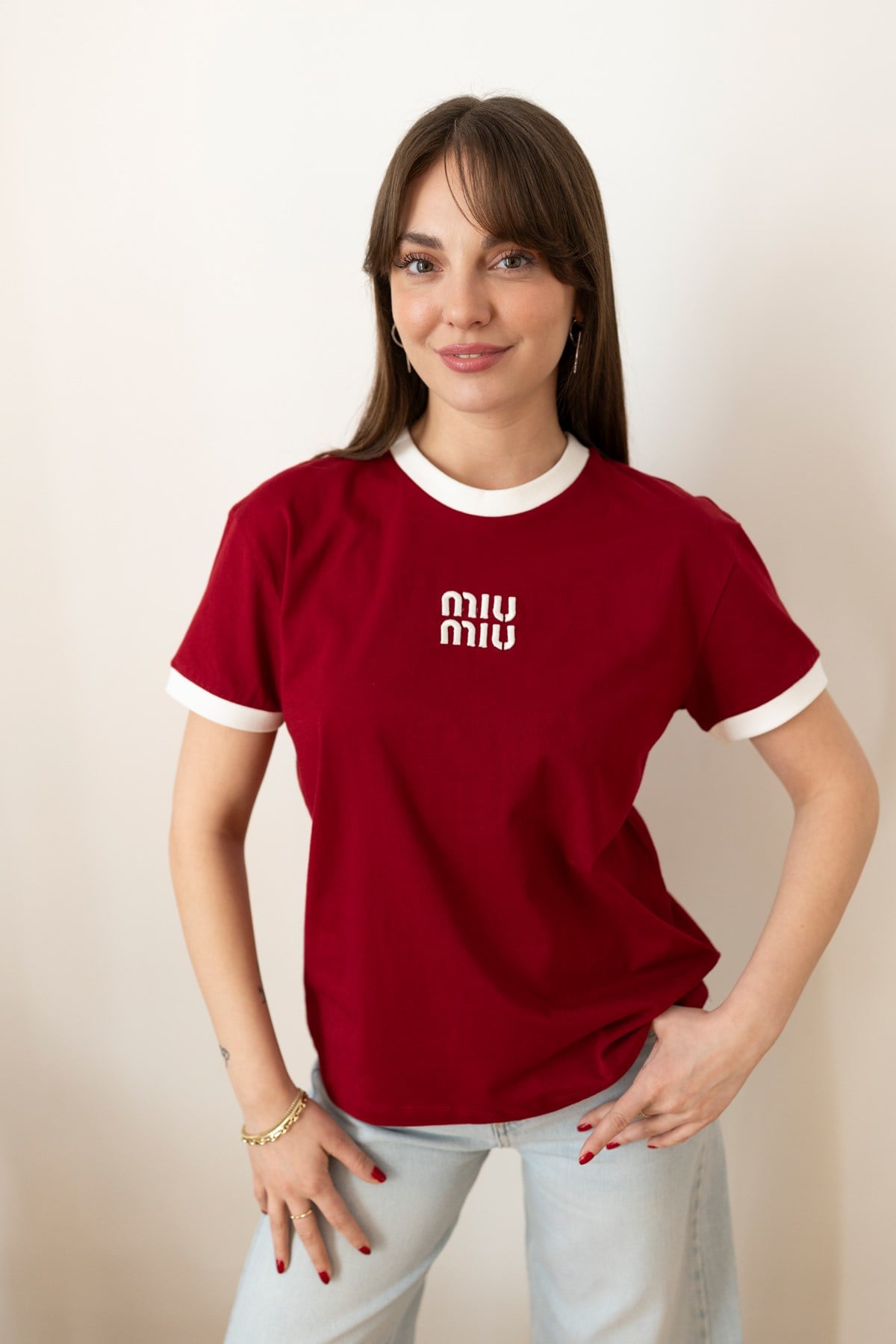 Bordo Kontrast Ve Yazı Detaylı T-Shirt