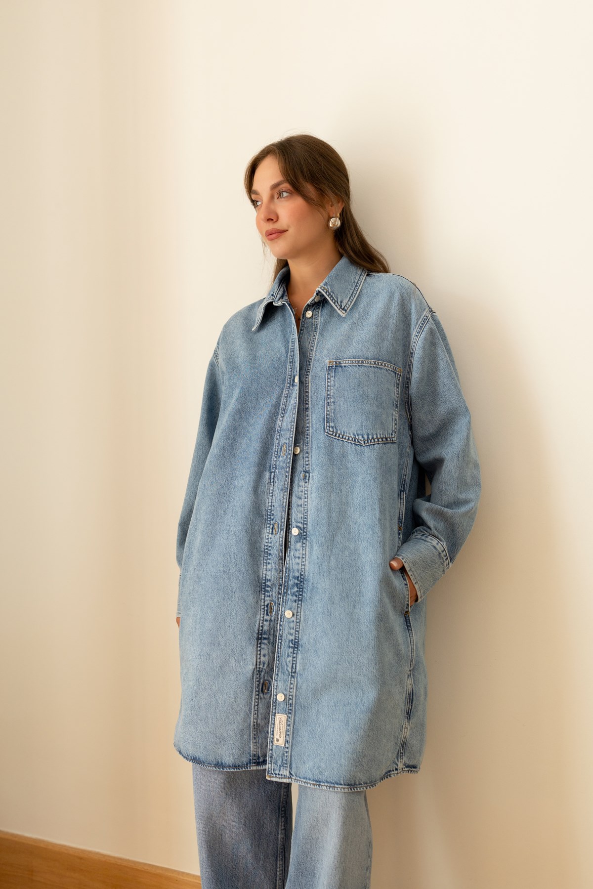 Buz Mavi Önden Tek Cepli Denim Elbise