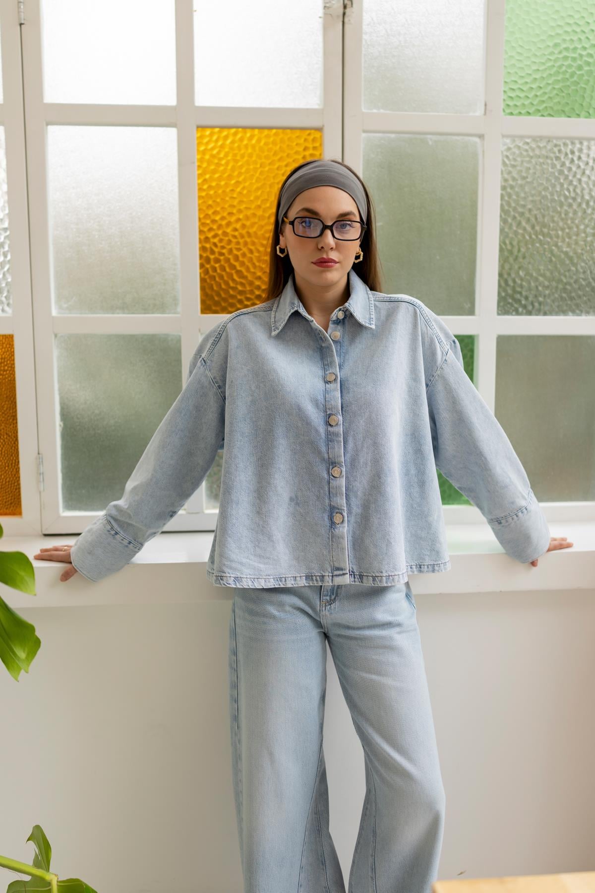Buz Mavi Polo Yaka Oversize Denim Gömlek