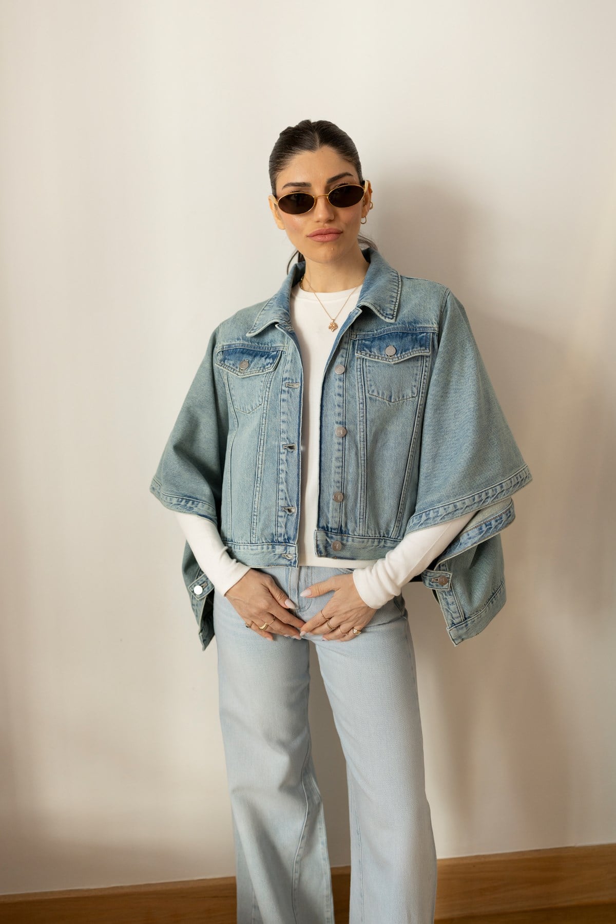 Buz Mavi Polo Yaka Yarasa Kol Denim Ceket