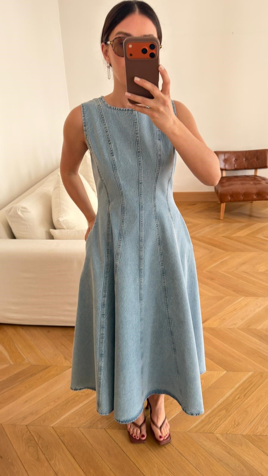 Buz Mavi Sıfır Kol Dikiş Detaylı Volanlı Denim Elbise