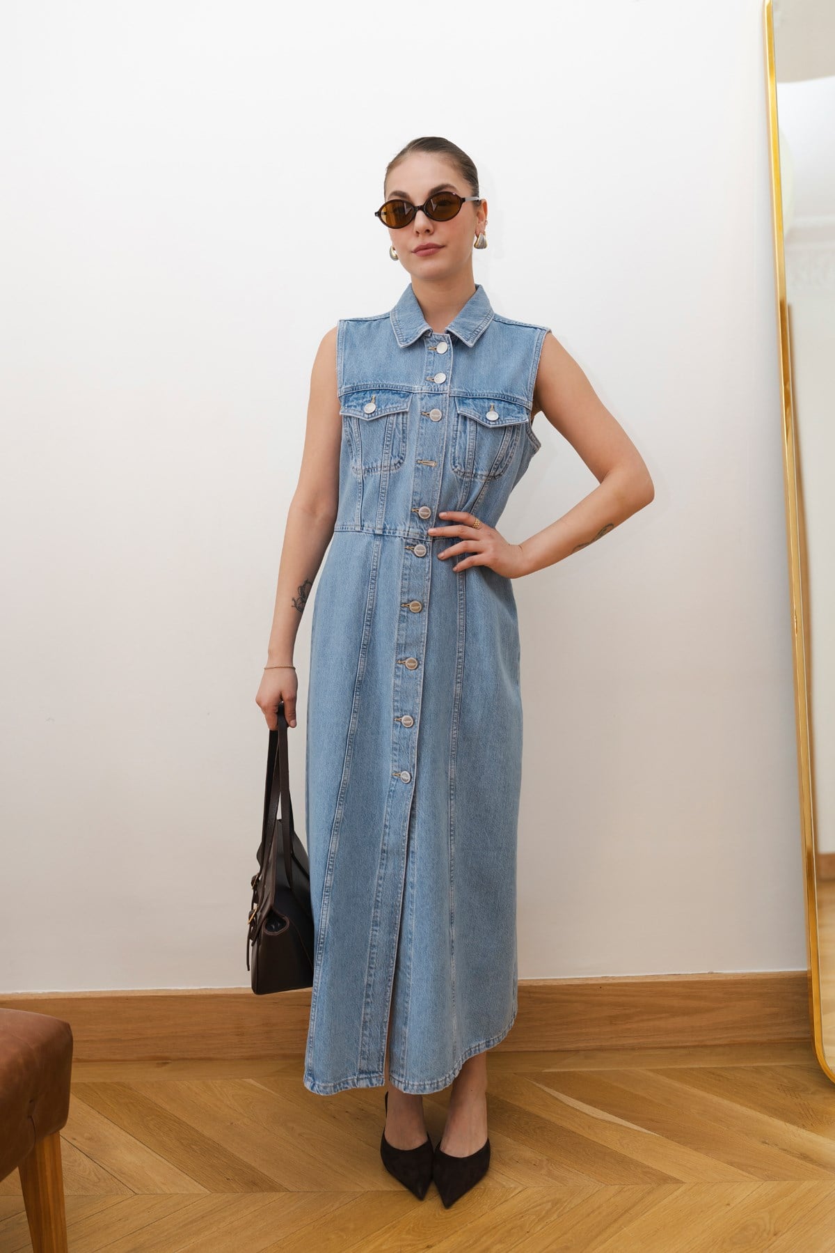 Buz Mavi Sıfır Kol Düğmeli Denim Elbise