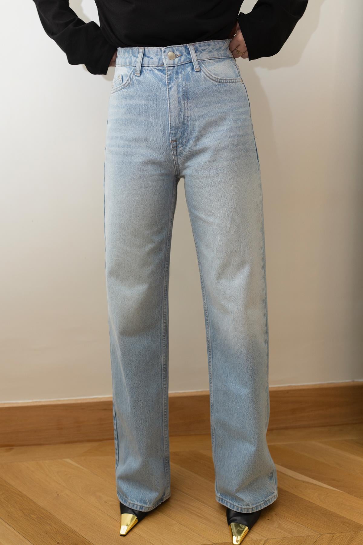 Buz Mavi Yüksek Bel Düz Kesim Jean Pantolon
