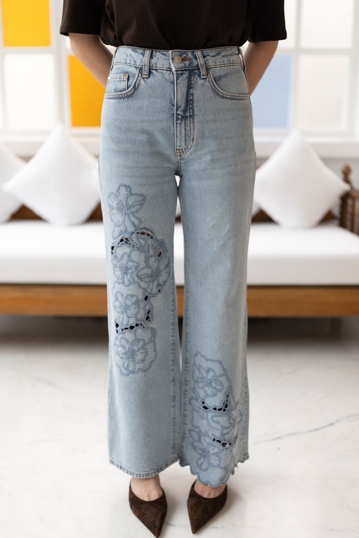 Buz Mavi Yüksek Bel Floral Dantel Düz Paça Jean Pantolon