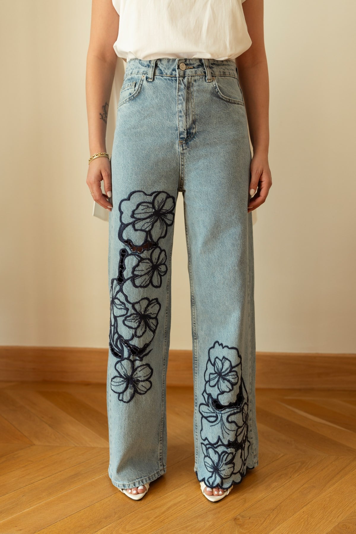 Buz Mavi Yüksek Bel Floral Nakışlı Palazzo Jean Pantolon