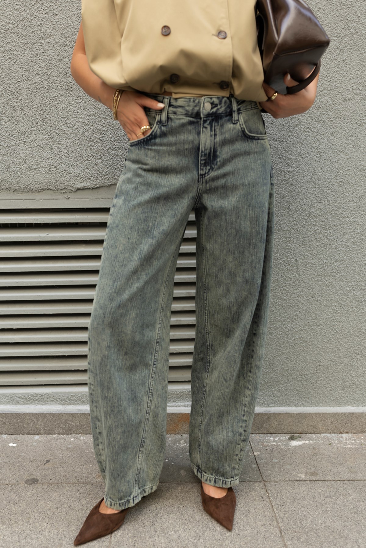 Buz Mavi Yüksek Bel Yıkamalı Slouchy Jean Pantolon