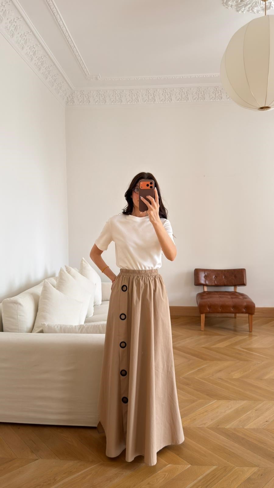 Camel Beli Lastikli Kuş Gözü Detaylı Etek  Pantolon