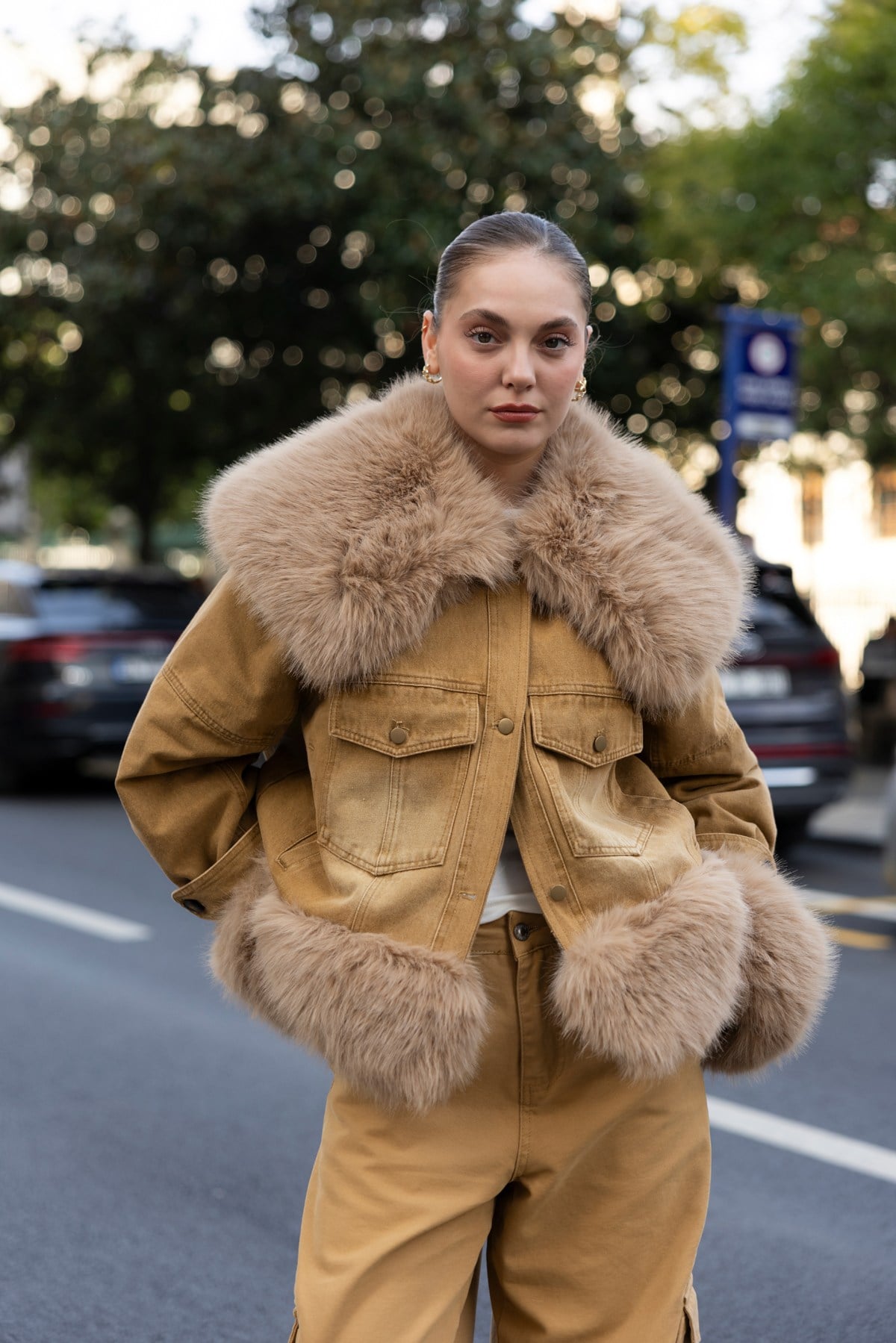 Camel İthal Kürk Detaylı Vintage Ceket
