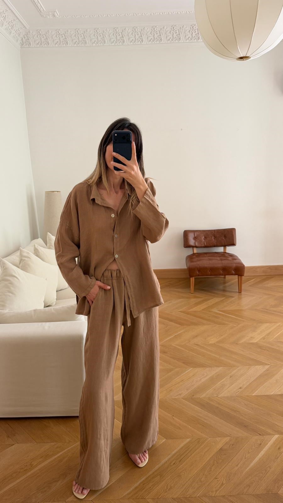 Camel Oversize Gömlek Pantolon %100 Keten Takım