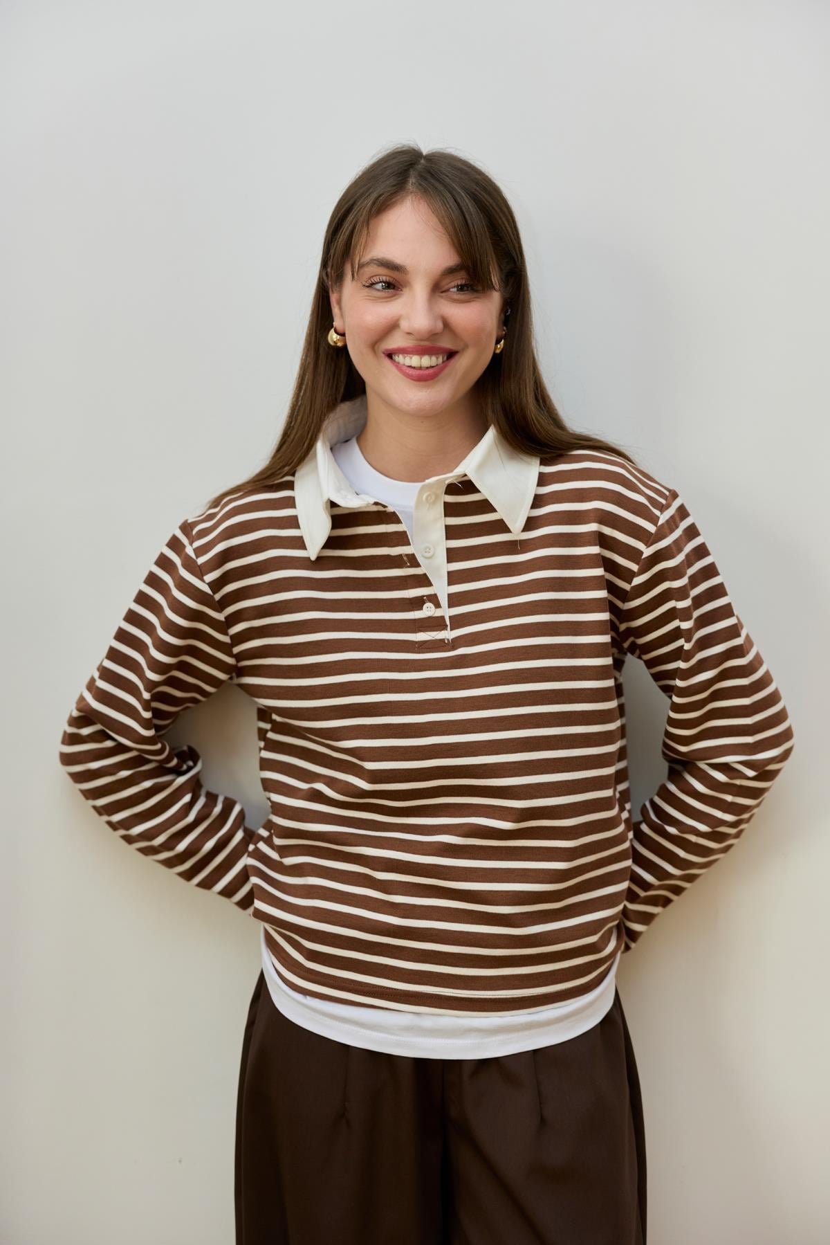 Camel Polo  Yaka Çizgili Uzun Kol T-Shirt