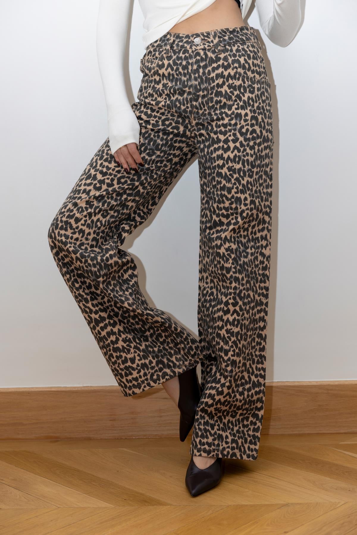 Camel-Siyah Yüksel Bel Bol Paça Leopar Desen Jean Pantolon