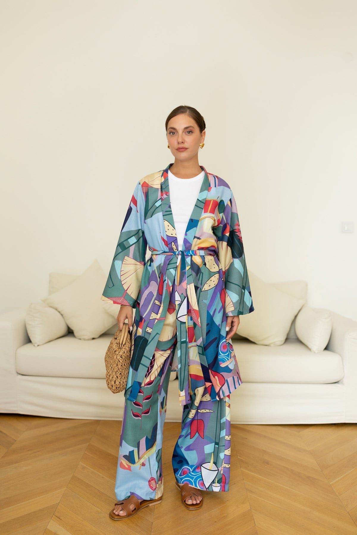 Çok Renkli Desenli Kuşaklı Kimono Pantolon Tasarım Takım