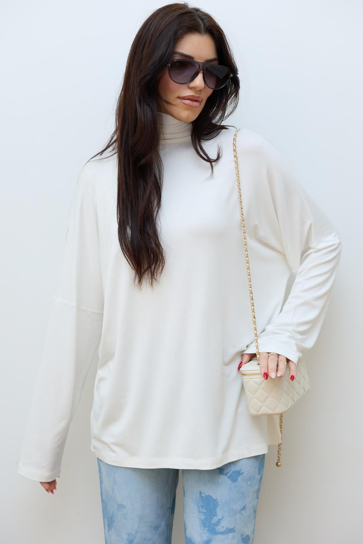 Ekru Balıkçı Yaka Oversize Likralı Bluz