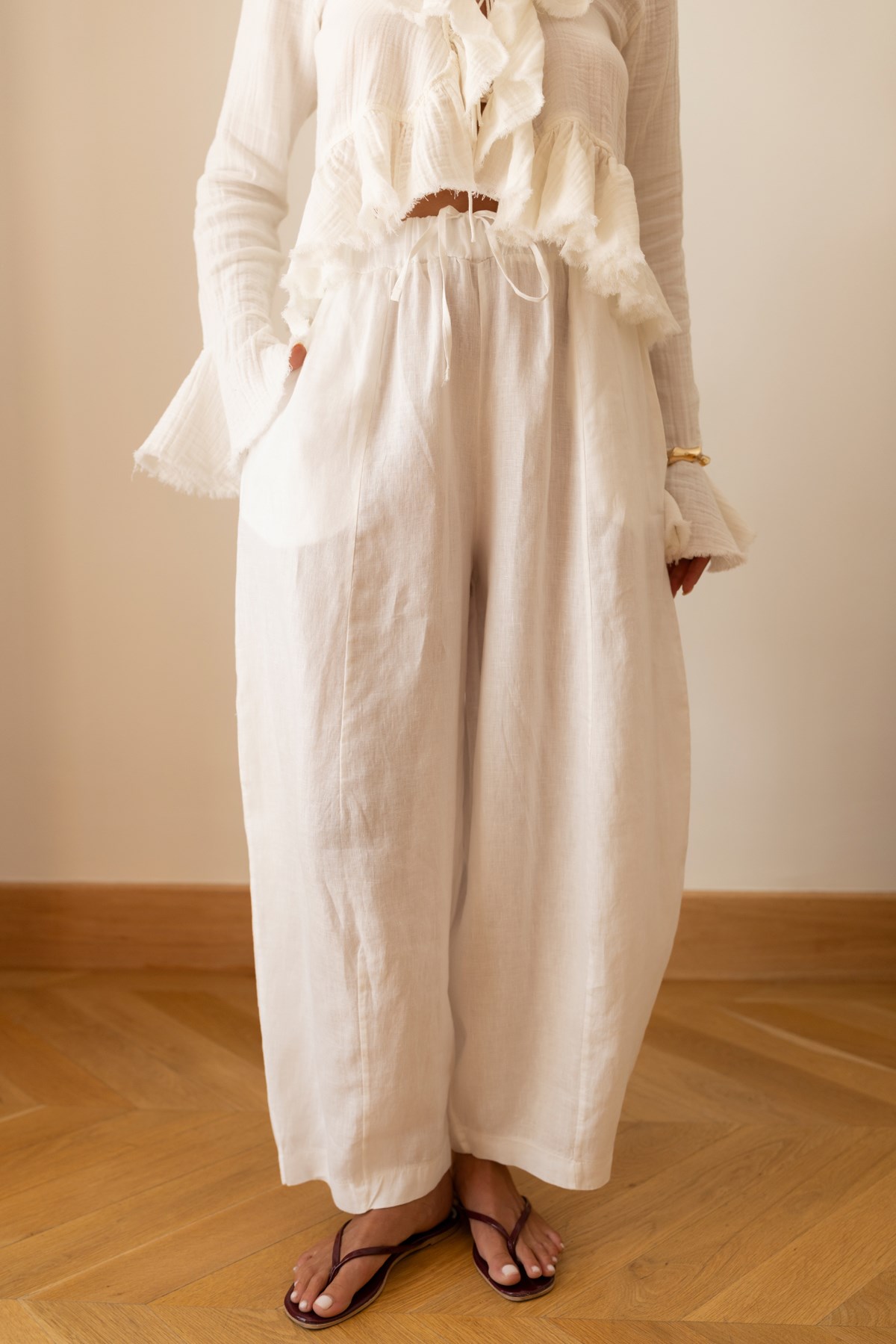 Ekru Beli Lastikli Slouchy %100 Keten Pantolon