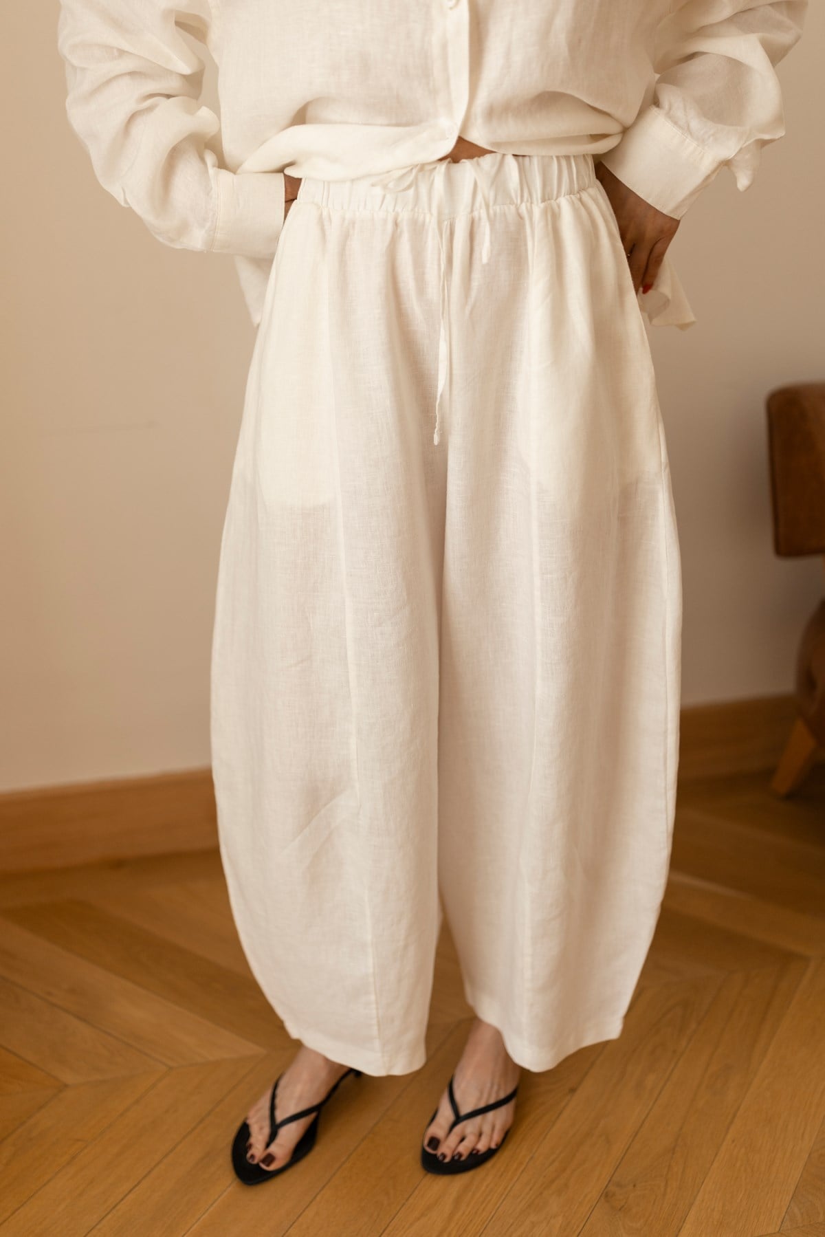 Ekru Beli Lastikli Slouchy Keten Pantolon