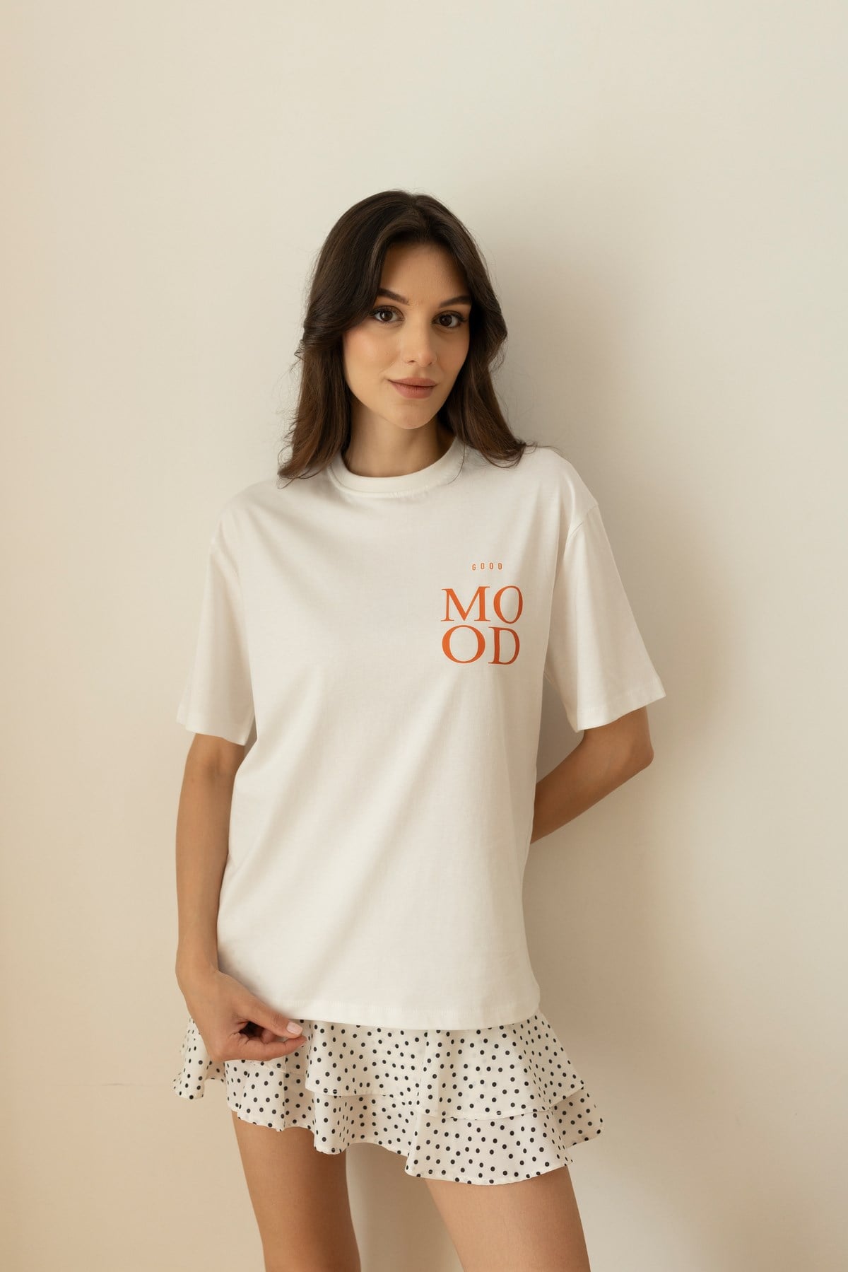 Ekru Good Mood Yazı Baskılı T-Shirt