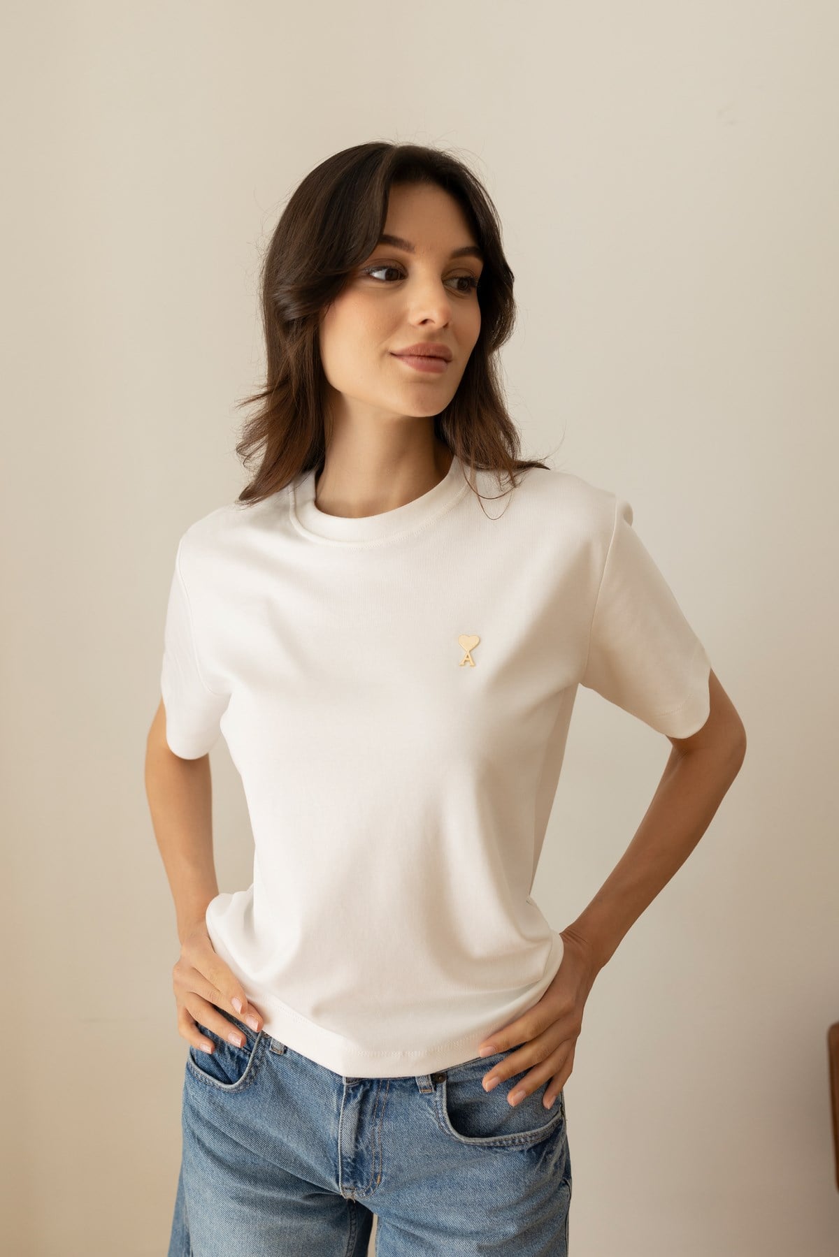 Ekru Kalp Aksesuar Detaylı Oversize T-Shirt