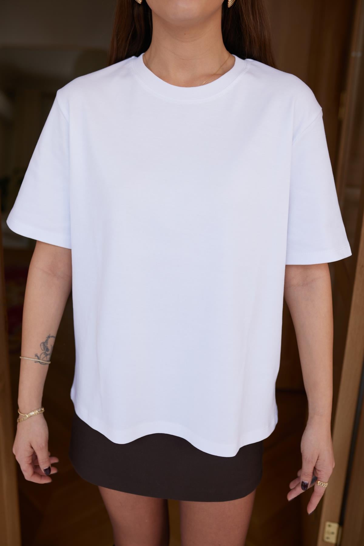 Ekru Koton Kumaş Bisiklet Yaka Basic T-Shirt