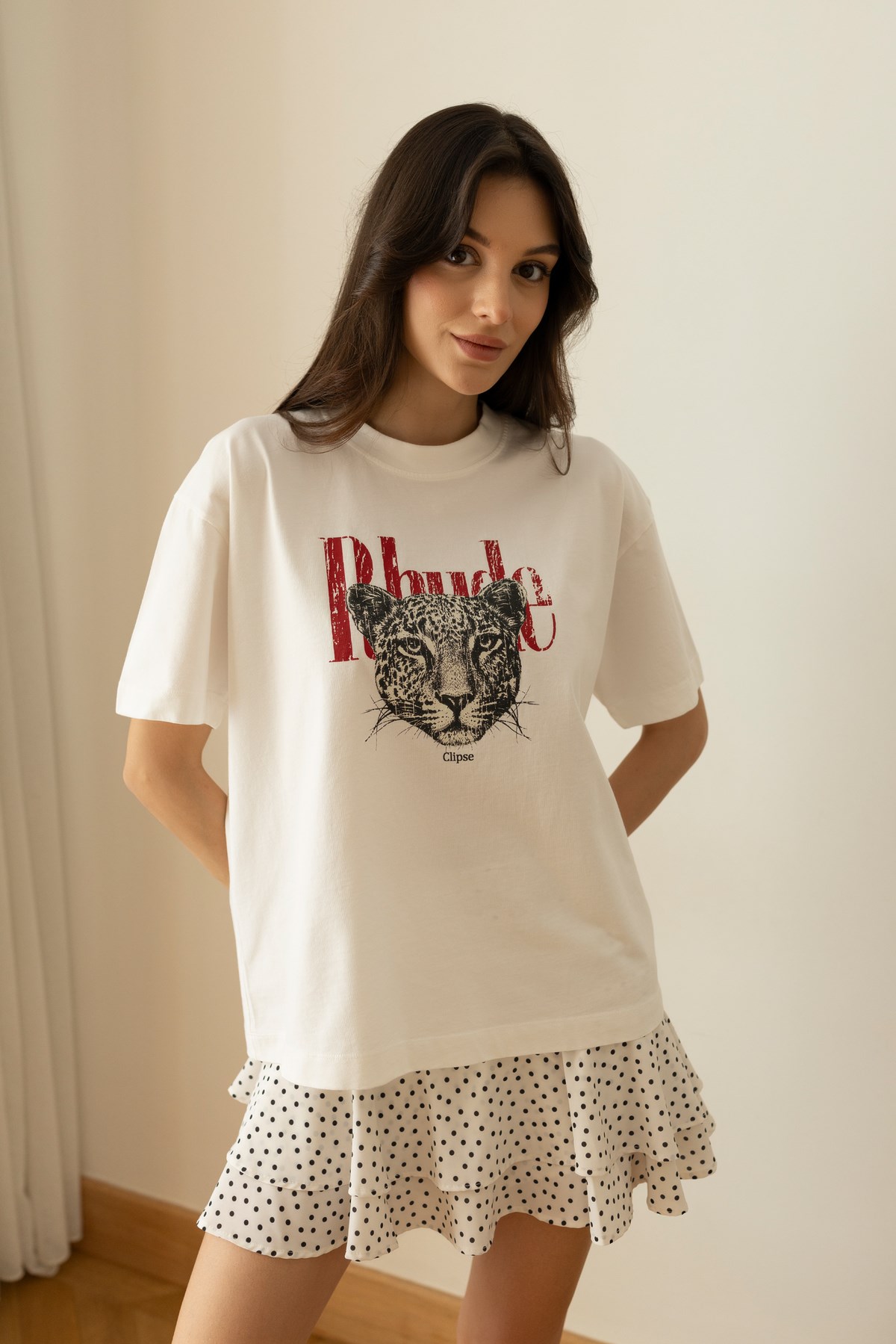 Ekru Leopar Ve Yazı Baskılı Oversize T-Shirt