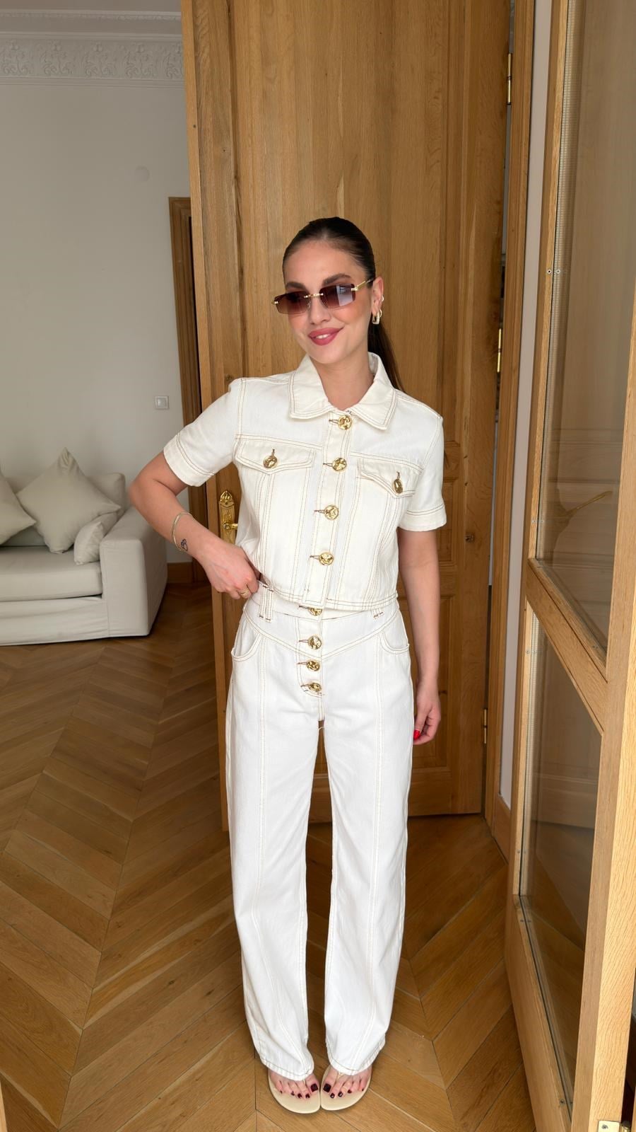Ekru Polo Yaka Gold Düğme Ve Dikiş Detaylı Denim Ceket Pantolon Takım