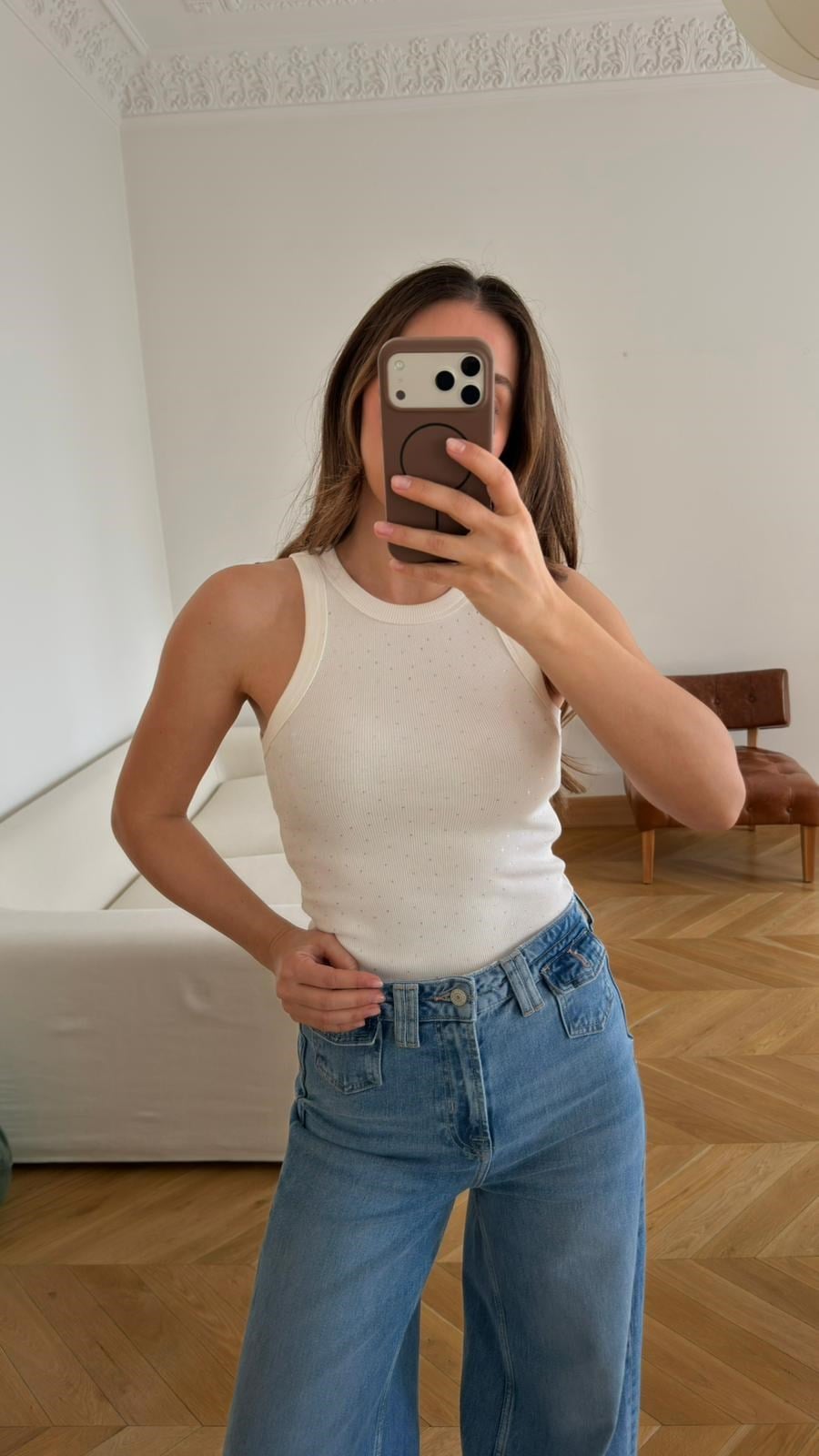 Ekru Taş Detaylı Fitilli Atlet Bluz