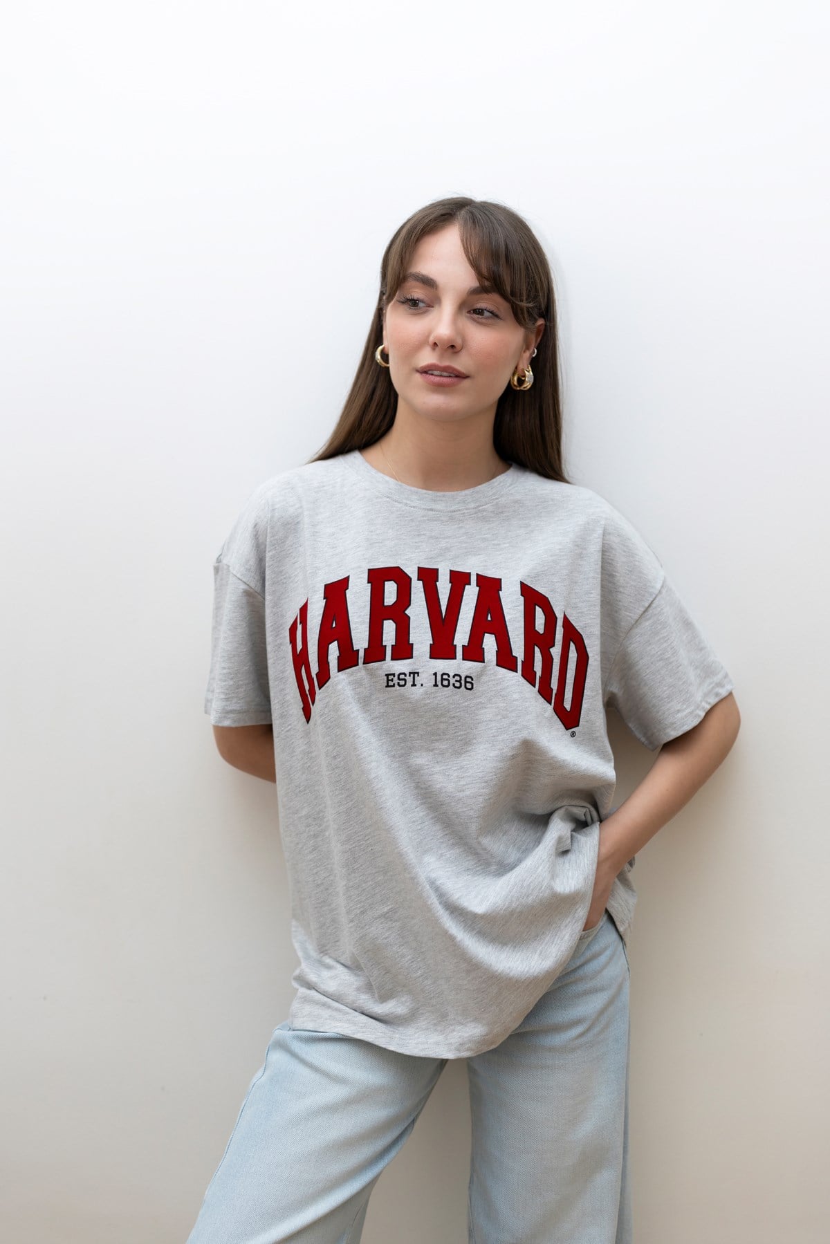 Gri Harverd Yazı Baskılı T-Shirt