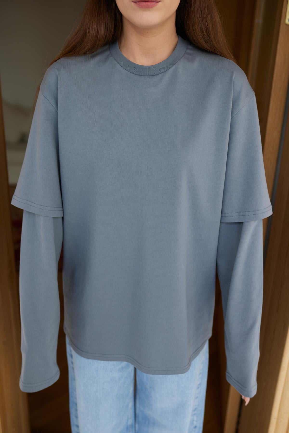 Gri Kolları Parça Detaylı Uzun Kollu T-Shirt