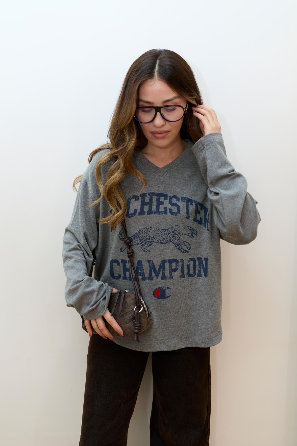 Gri V Yaka Yazı Ve Hayvan Figürlü Basic Sweat