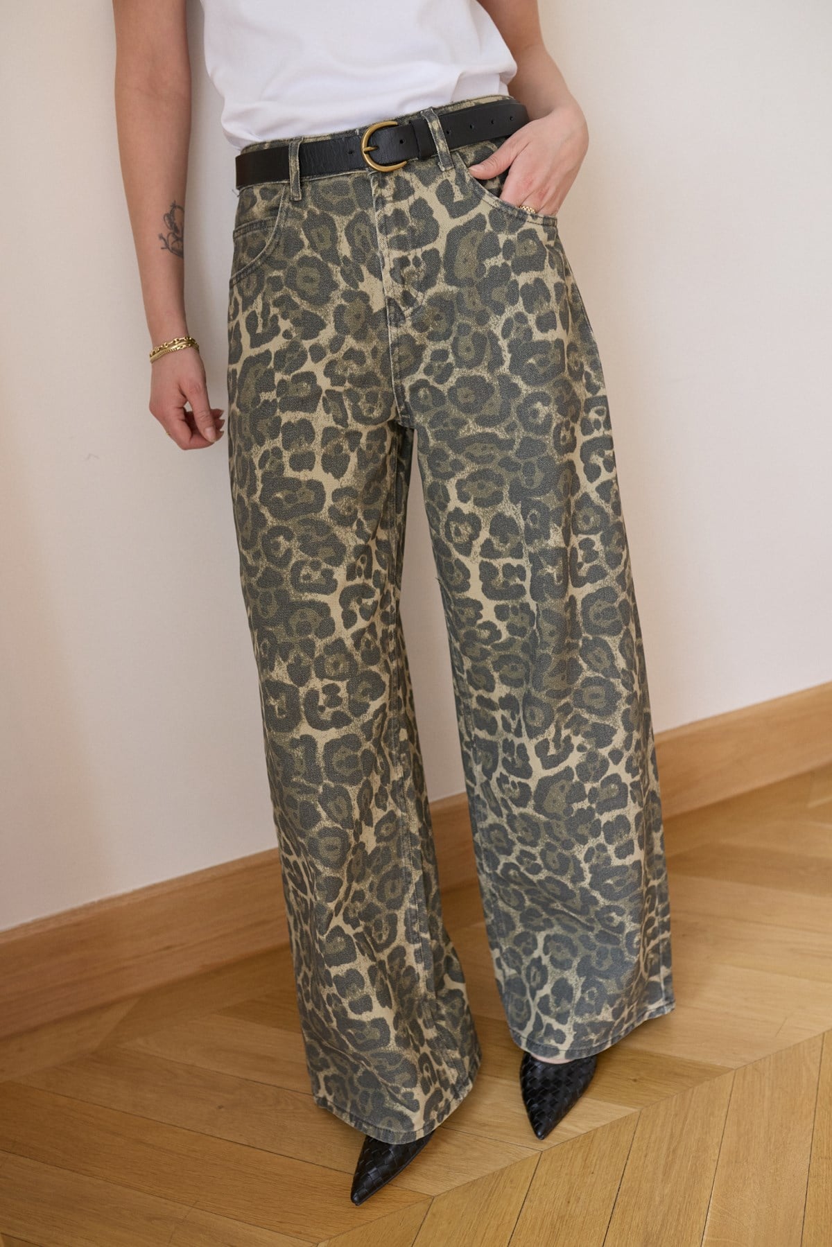 Haki Yüksek Bel Leopar Desen Bol Paça Jean Pantolon