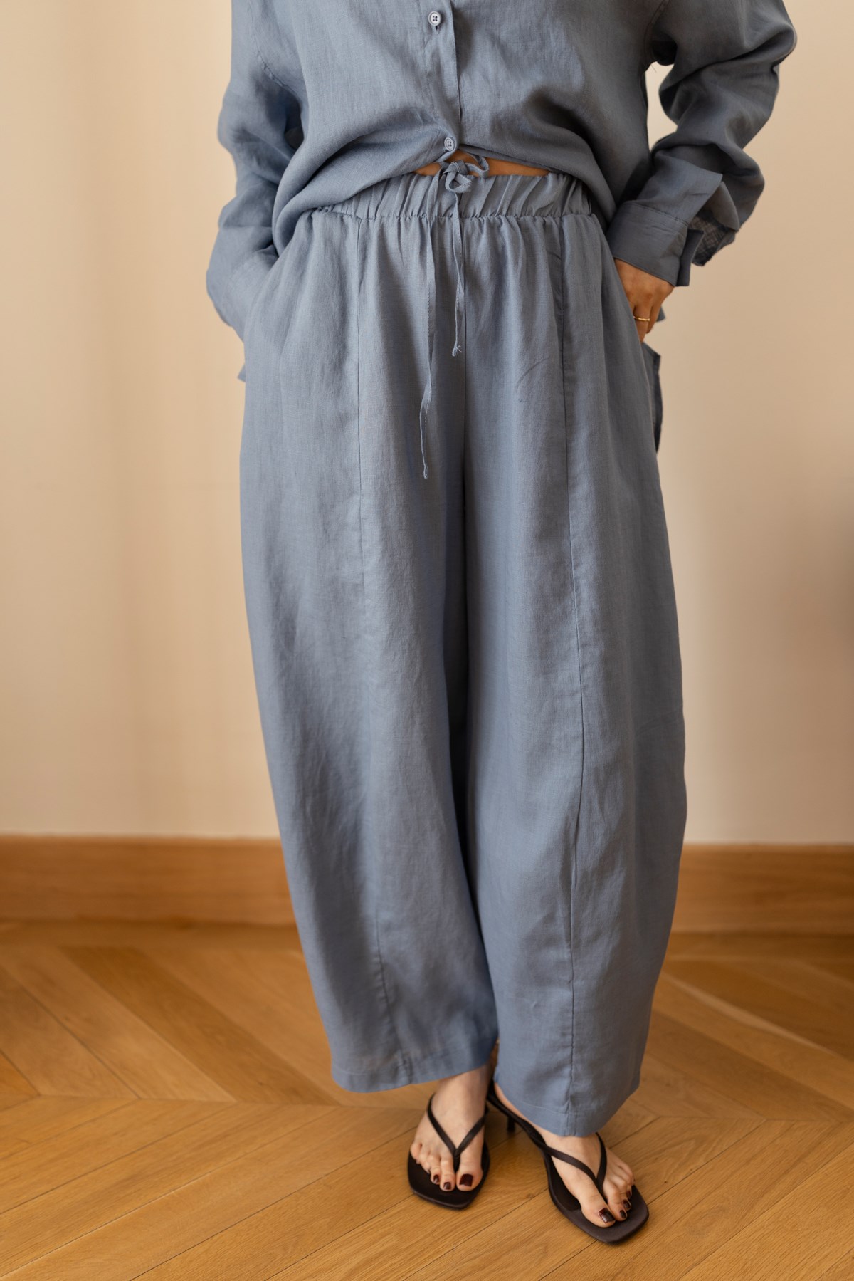 İndigo Beli Lastikli Slouchy Keten Pantolon