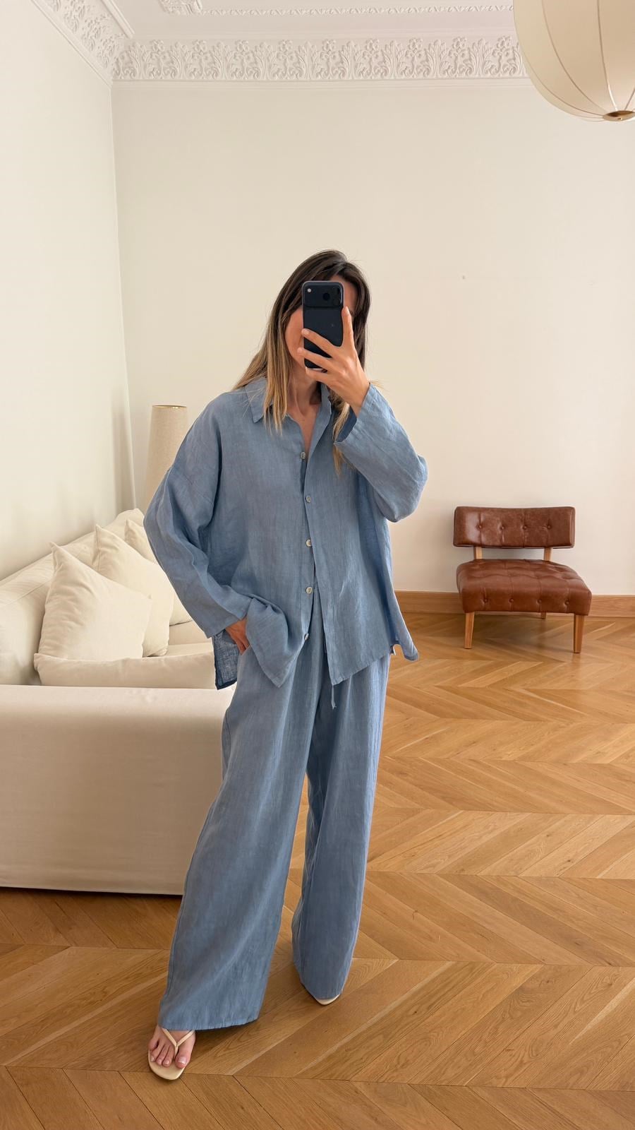 İndigo Oversize Gömlek Pantolon %100 Keten Takım