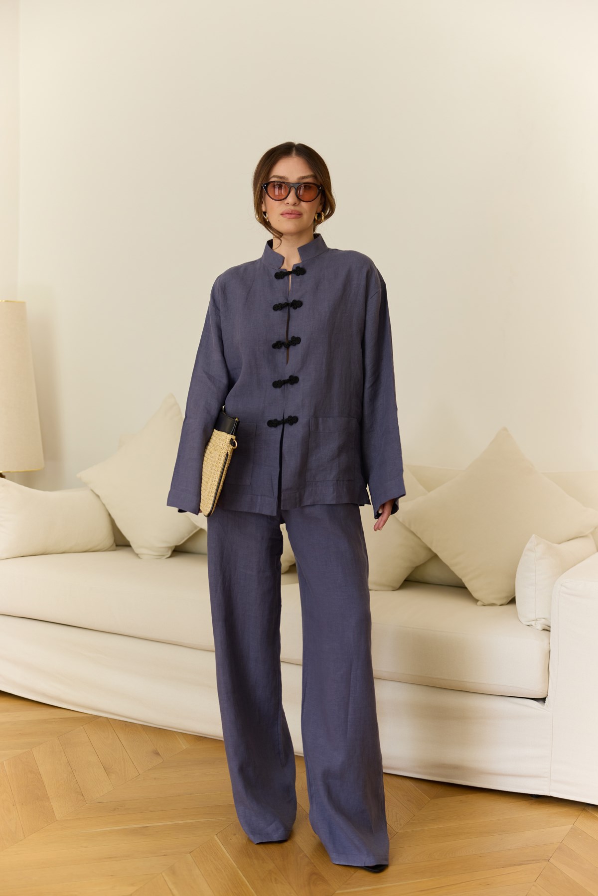İndigo Oversize Önden İki Cepli Keten Gömlek Pantolon Takım