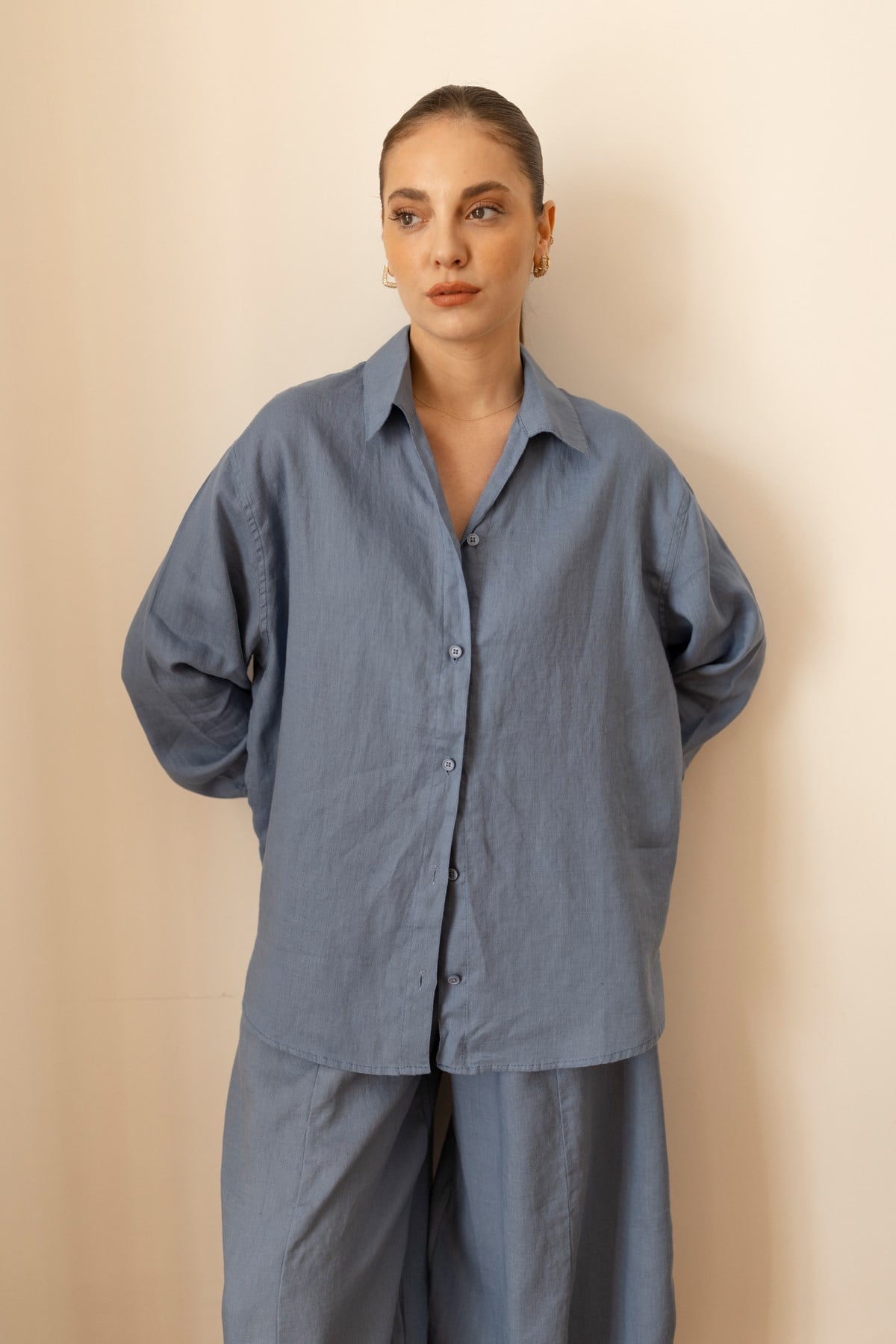 İndigo Oversize Oval Kesim Keten Gömlek
