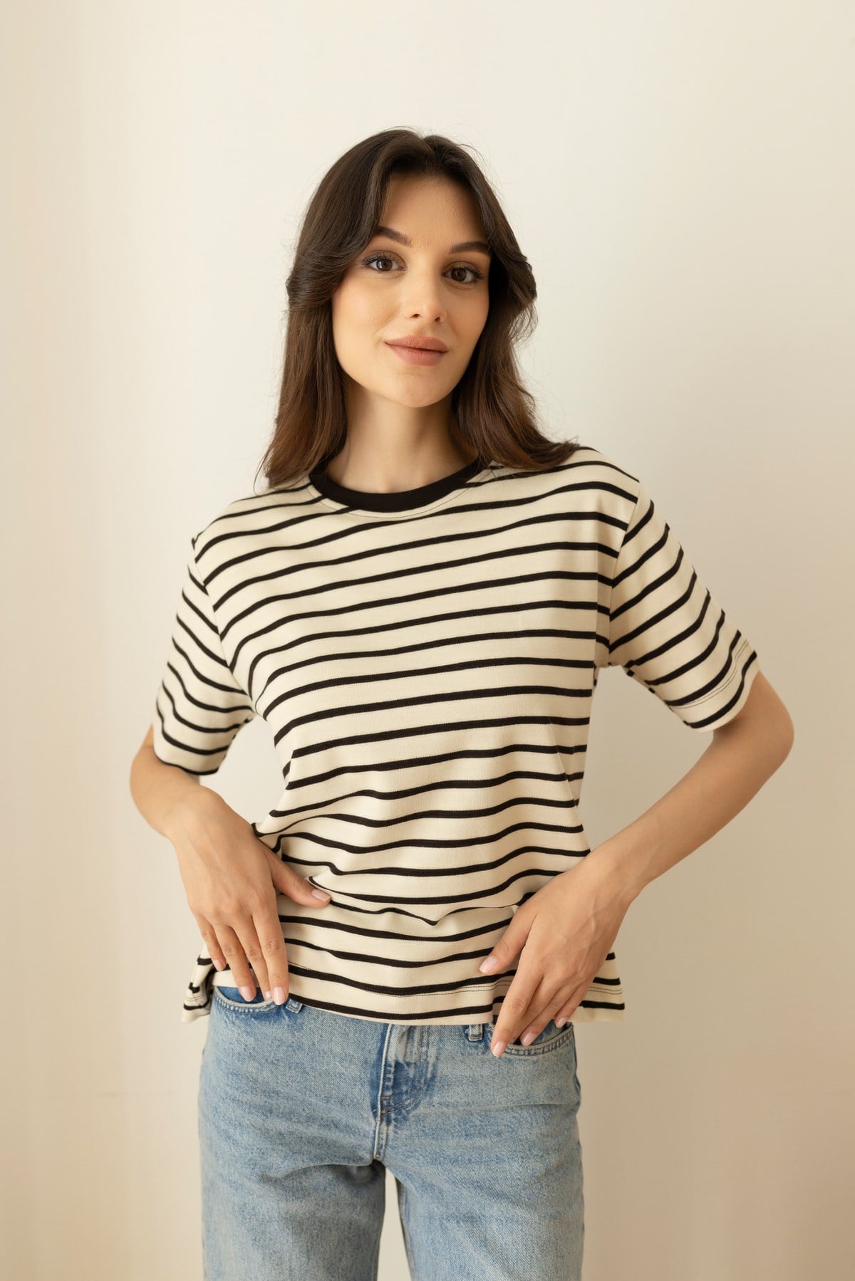 Kahve-Bej Oversize Çizgili Ve Likralı T-Shirt