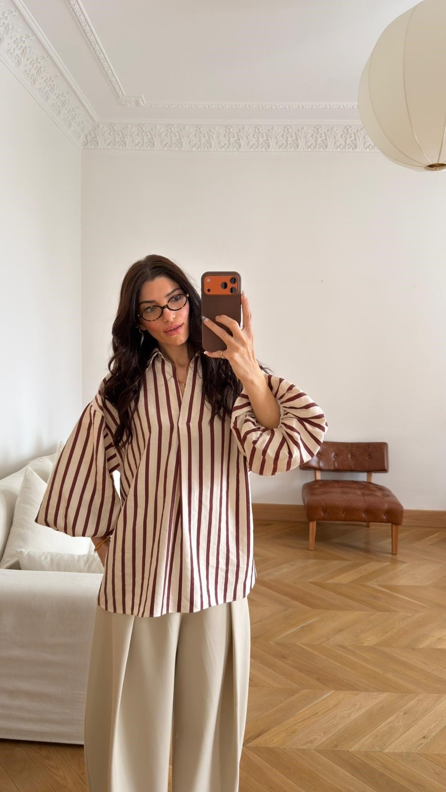 Kahve-Bej Polo Yaka Kolları Lastik Detaylı Çizgili Bluz