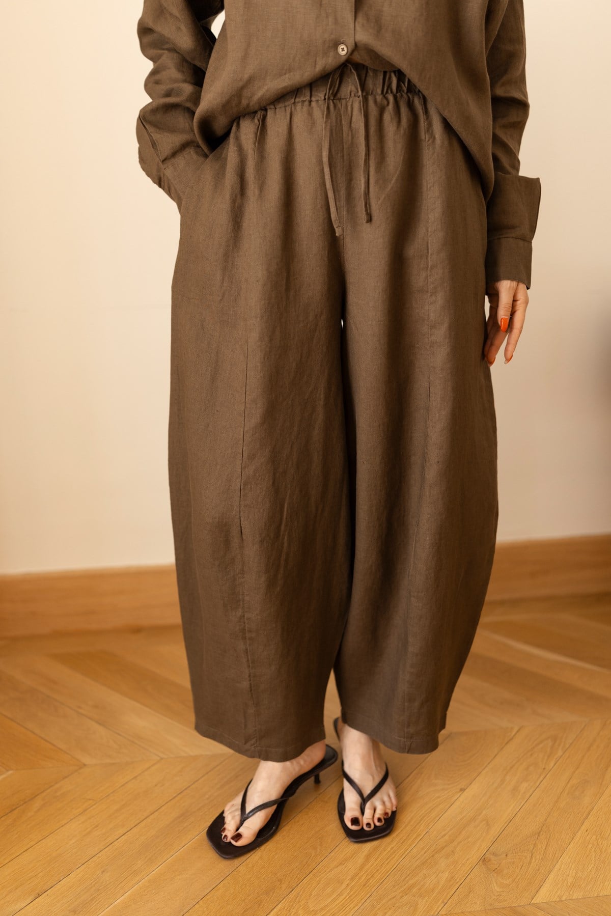 Kahve Beli Lastikli Slouchy Keten Pantolon