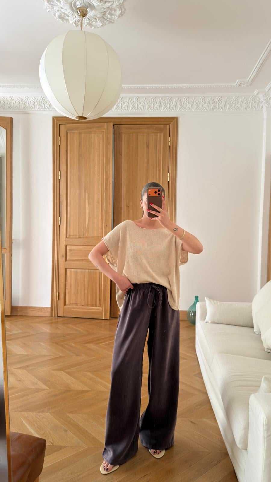 Kahve Beli Lastikli Ve Kuşaklı Bol Paça Tensel  Kumaş Pantolon