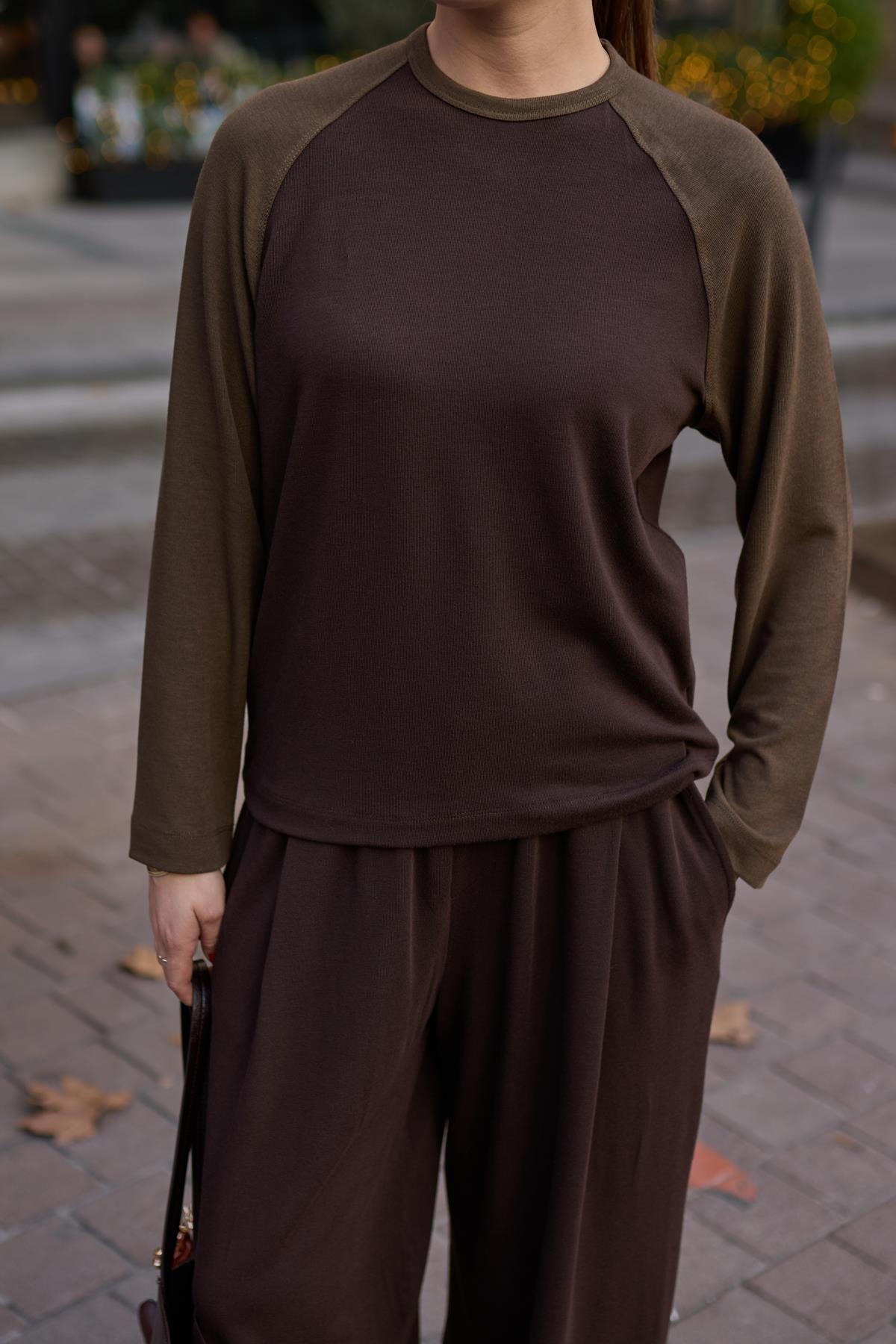 Kahve Bisiklet Yaka Parça Detaylı Basic Sweat