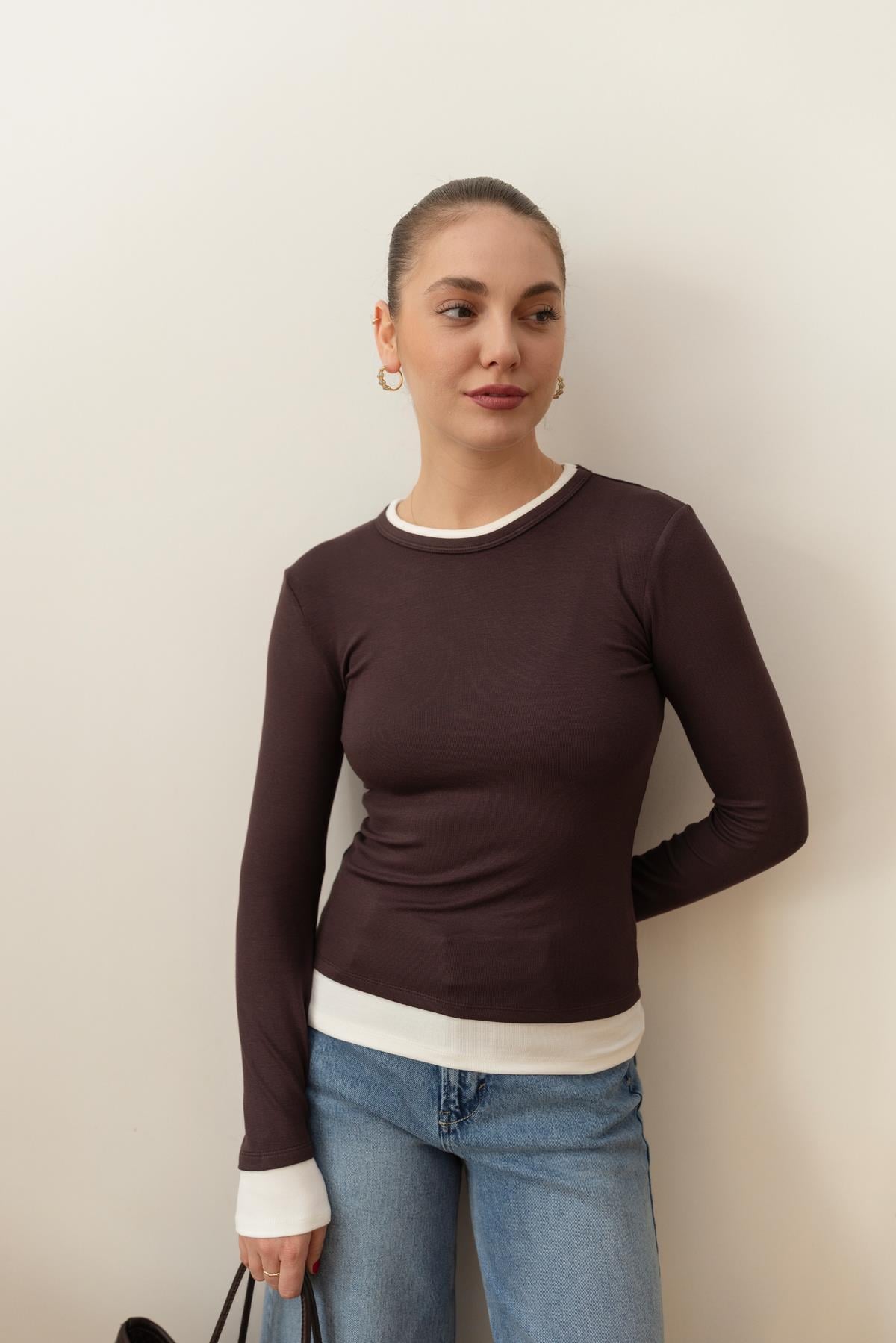 Kahve Çift Dikişli Yumuşak Dokulu Bluz